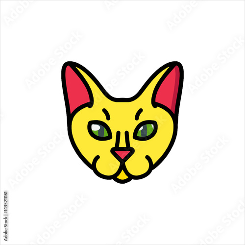 Yellow cat with red ears stares forward with green eyes on white, creating a simple, friendly, and cartoonish image.