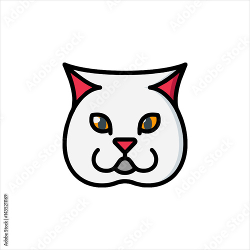 Cute white cat stares forward with curious expression against a plain white backdrop, showcasing simple lines and bright colors in a playful style.