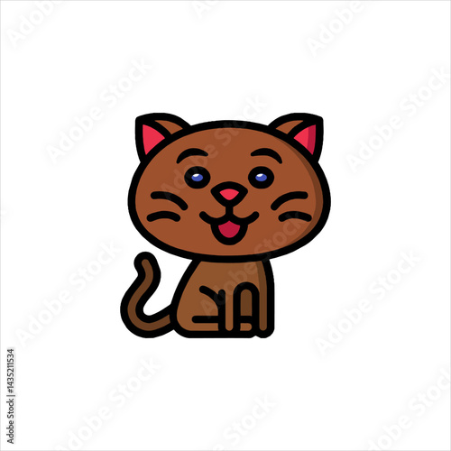 Cute brown cat sitting patiently on white surface with friendly expression and rounded features, creating a playful and inviting mood.