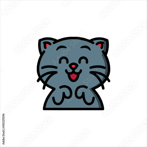 Happy gray cat smiles sweetly with paws up on white surface, expressing joy and contentment in a simple, adorable manner.