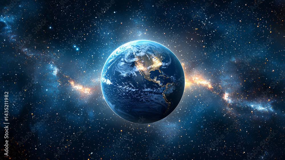 Fototapeta premium Stunning Earth from Space, Glittering City Lights Beneath a Star-Filled Background