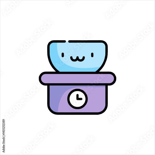 Cute bowl with smiling face sits atop a timer, representing time management and productivity in a playful and lighthearted manner.