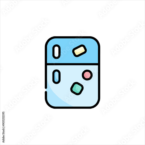 Blue refrigerator with magnets stands in a modern kitchen, symbolizing home appliances and food storage with a minimalist aesthetic.