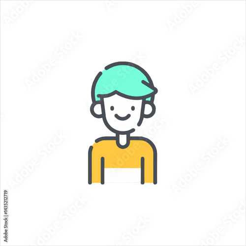 Smiling young man with teal hair standing against white backdrop exudes cheerful and approachable vibe, perfect for representing youth and positivity.