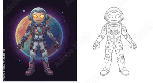 Cosmic Explorer: An illustrated astronaut figure, ready for an intergalactic adventure, stands confidently against the backdrop of a vibrant, alien planet.