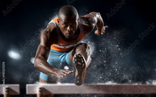 hurdles sprinter in a orange dress with shimmering shadow	jumps over the hurdles