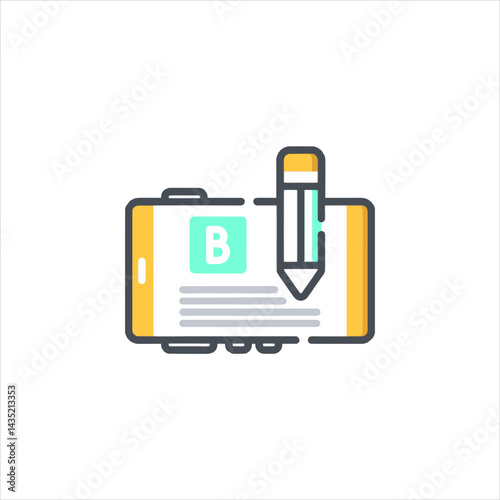 Smartphone displays blog post with pencil editing, representing digital content creation and online writing in a modern, minimalist style.