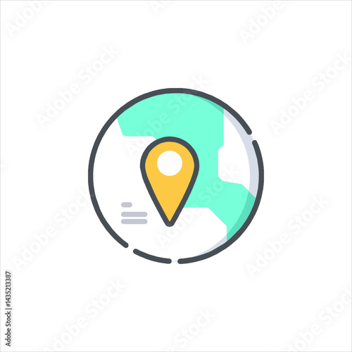 Yellow location pin indicates a specific place on a stylized globe representing global positioning and navigation technology in a modern, simple style.