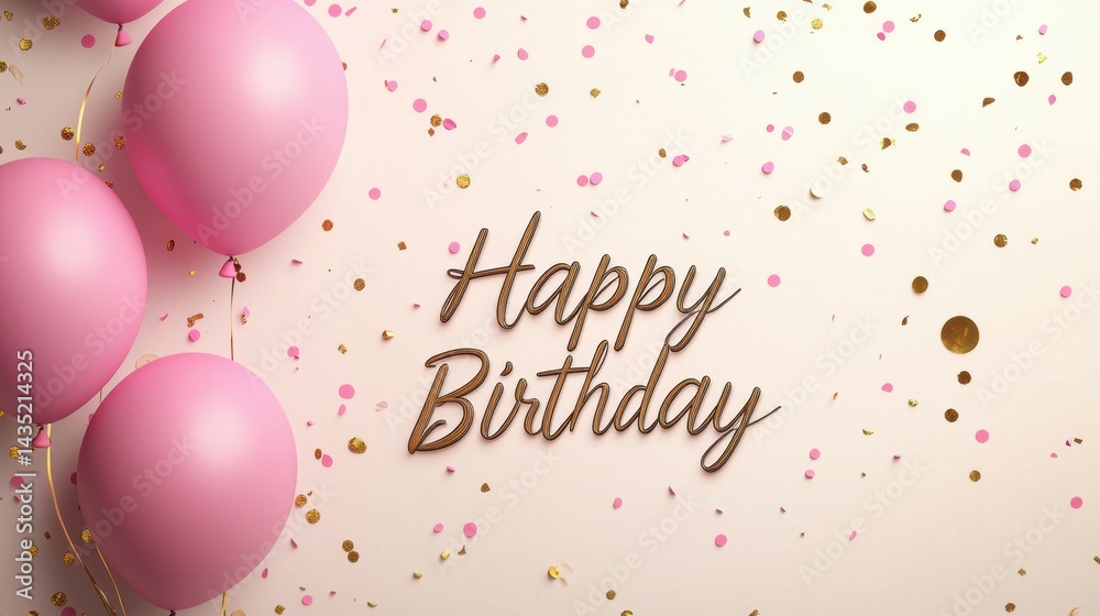 Fototapeta premium Happy birthday card with pink balloons and a golden confetti background text 
