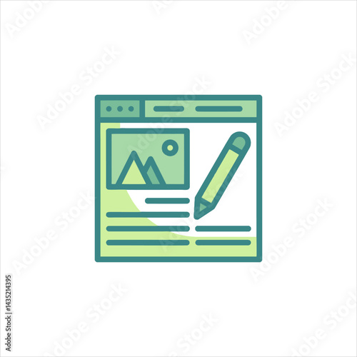 Website editor showing content creation with pencil on screen, representing digital writing and online publishing, modern and clean.