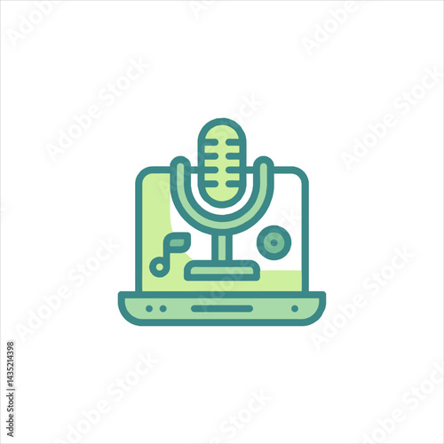 Microphone stands on laptop screen, symbolizing podcasting and audio recording in a modern, digital studio environment, creating a techsavvy and creative atmosphere.