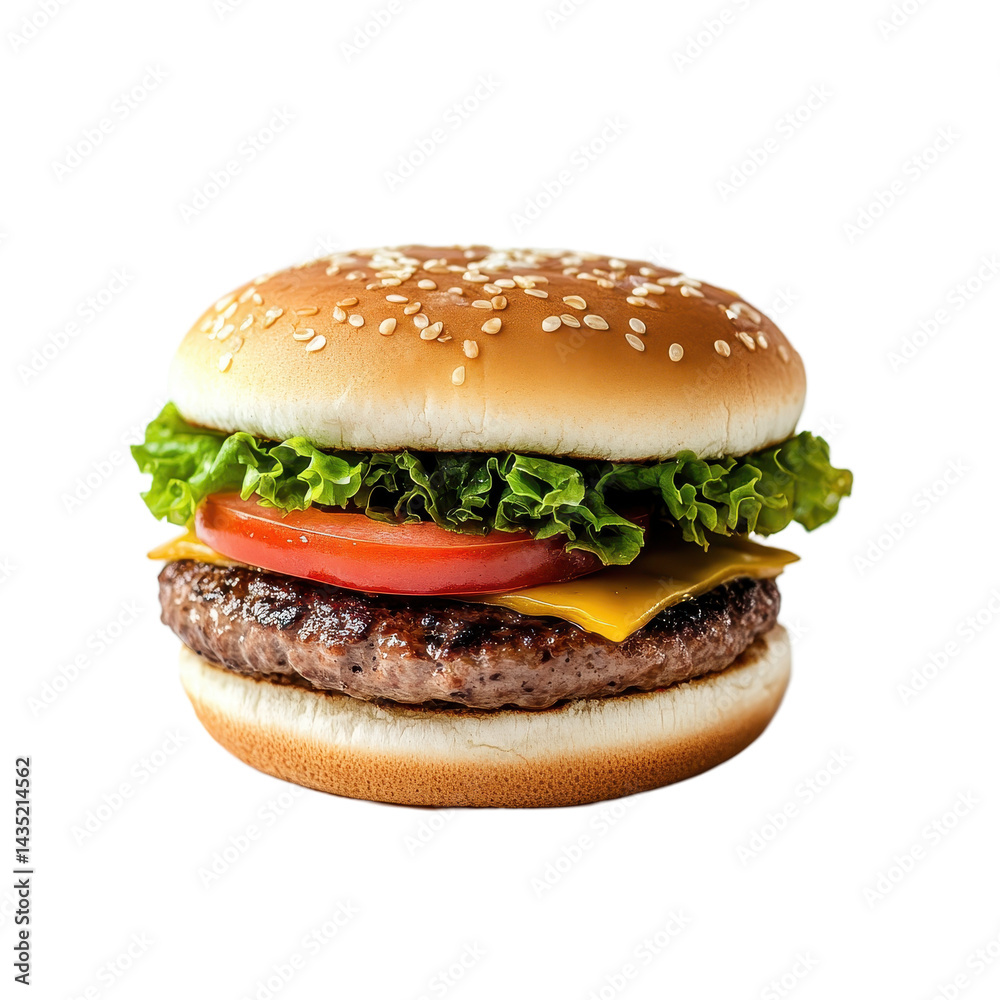 Juicy hamburger with fresh lettuce, tomato, and cheese on a sesame seed bun against a clean white background, Meat hamburger isolated on white background Juicy hamburger with fresh lettuce, tomato, and cheese on a sesame seed bun against a clean white background, Meat hamburger isolated on white background