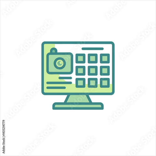 Computer displaying photo editing software with camera and grid interface for digital image manipulation in a modern workspace.