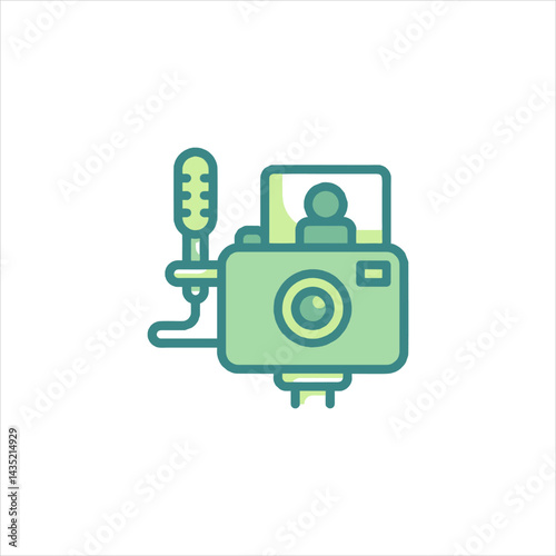 Camera records video with microphone on white backdrop, showcasing content creation and digital storytelling, conveying a modern and techsavvy feel.