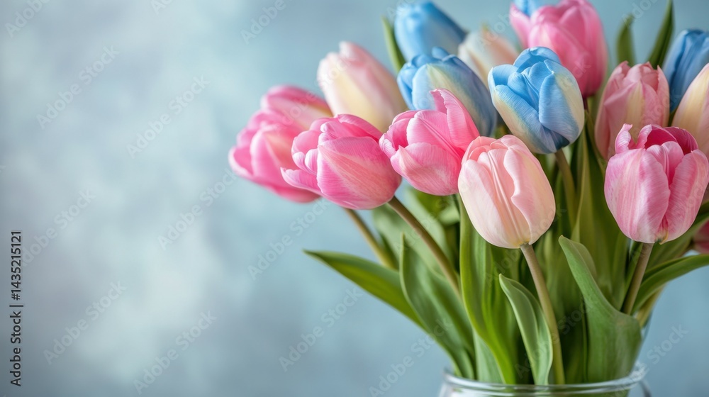 Fototapeta premium A beautiful arrangement of pink and blue tulips in a clear glass vase, showcasing vibrant colors against a soft, light background, perfect for decoration or gifting.