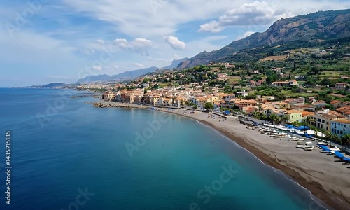 Wallpaper Mural Coastal town under a bright sky, buildings along the beach, and a mountain range in the background. Azure water glistens Torontodigital.ca