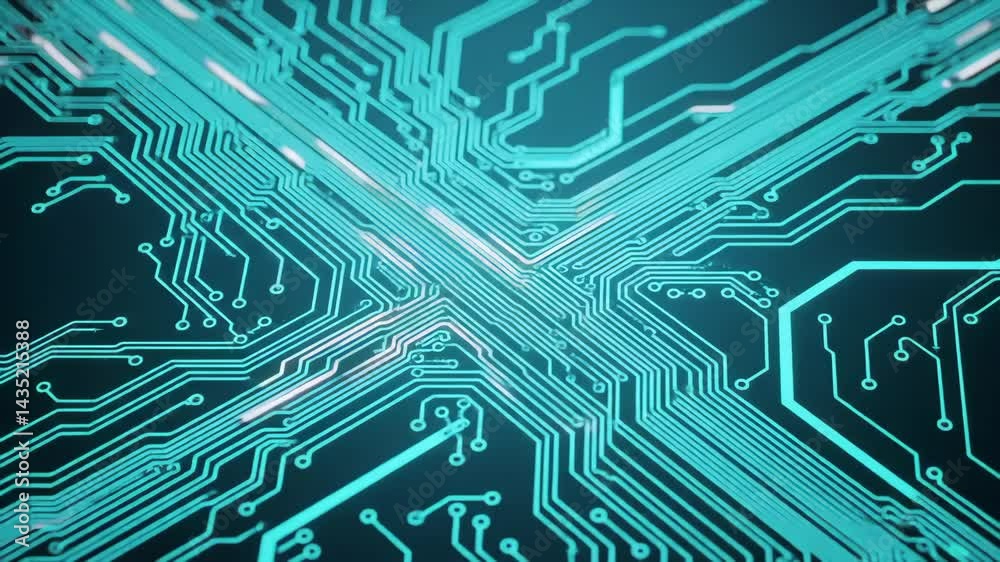 Abstract digital circuit board animation with flowing lines. Futuristic tech network background or intro. Technology concept with copy space. Seamless loop. Abstract digital circuit board animation with flowing lines. Futuristic tech network background or intro. Technology concept with copy space. Seamless loop.