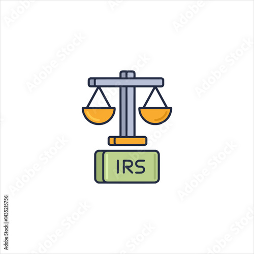 Scales of justice balancing on irs block representing fair taxation in financial sector with symbolic representation of legal compliance and accounting.