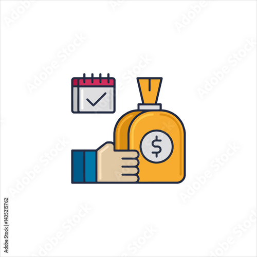 Hand holding money bag next to calendar representing financial planning for future investment on white backdrop, symbolizing wealth and growth.