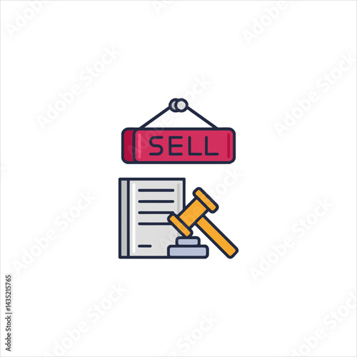 Auctioneer sells document with gavel under sell sign in a bright room, representing commerce, trade, and the process of selling goods and services.