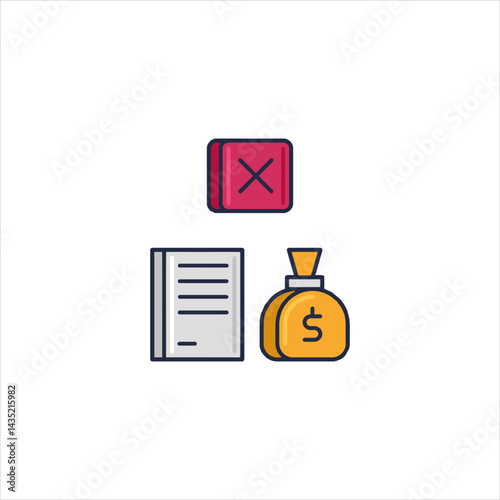 Rejected application sits next to money bag and document on white surface, representing financial loss and denial in business context.