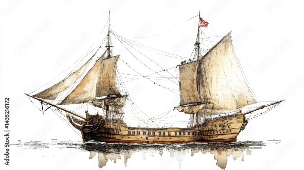 Naklejka premium Antique ship art, vintage-style drawing of Magellan Concepcian, accurately depicted on a minimal white background