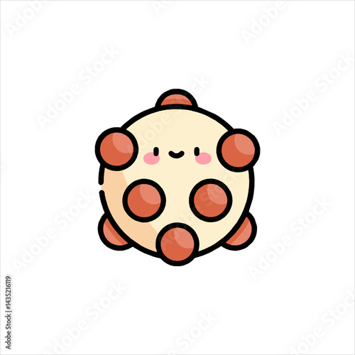 Cute cartoon microbe smiles innocently with round body and small pink cheeks on white surface, radiating warmth and friendliness.