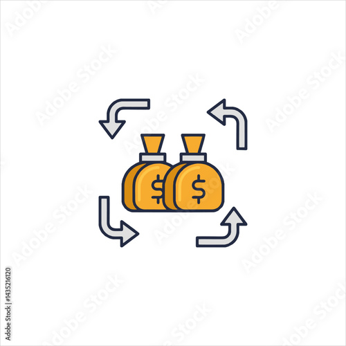Money bags rotating in a circular motion representing financial turnover and investment cycle with a clean and modern aesthetic.