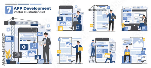 app development illustration set concept Application development set with developer, programmer, website and mobile app elements isolated vector illustration