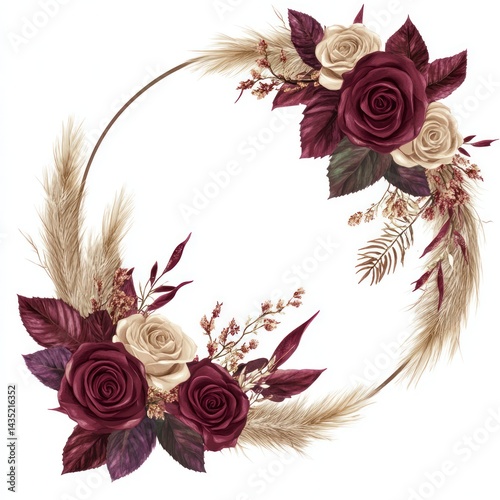 Decorative floral wreath, maroon and cream roses, dried pampas grass, round frame