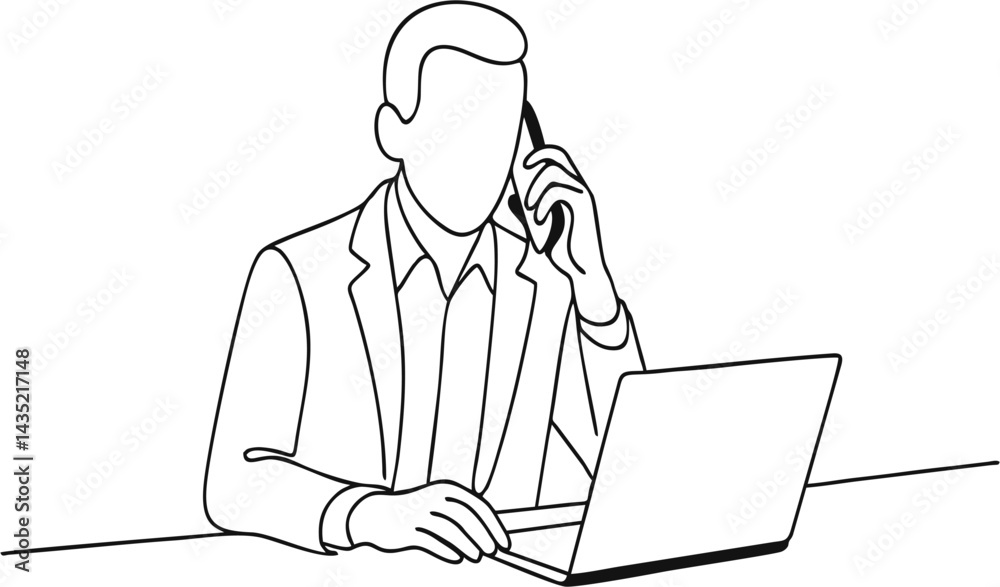 Minimalist one line art of a businessman talking on phone while working on a laptop at a desk. Simple black line on white background, modern office scene.