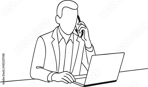 Minimalist one line art of a businessman talking on phone while working on a laptop at a desk. Simple black line on white background, modern office scene.