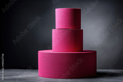 Magenta ceramic podiums forming a cylinder on dark background