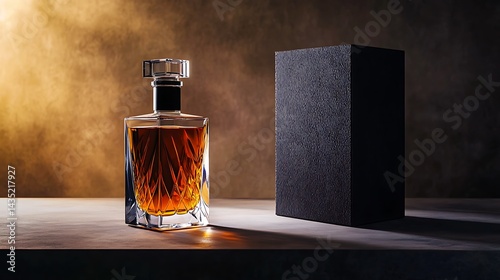 Elegant glass bottle of whiskey with black box on stylish dark background
 photo