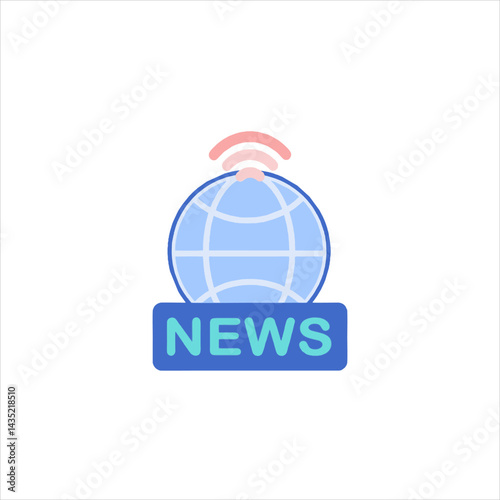 Global news symbol broadcasting information worldwide with antenna on top of globe representing communication and media, isolated on white.