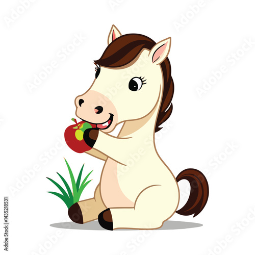 A cute, cartoon-style horse sitting on the ground. It has a light beige body, a dark brown mane and tail, and is happily holding a red apple in its front hooves, as if it's about to take a bite.