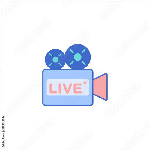 Blue vintage camera broadcasts live stream content on white backdrop, symbolizing modern media and online communication.