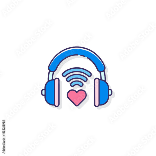 Headphones transmit loving signal with heart symbol on white background, representing connection and affection through audio technology.