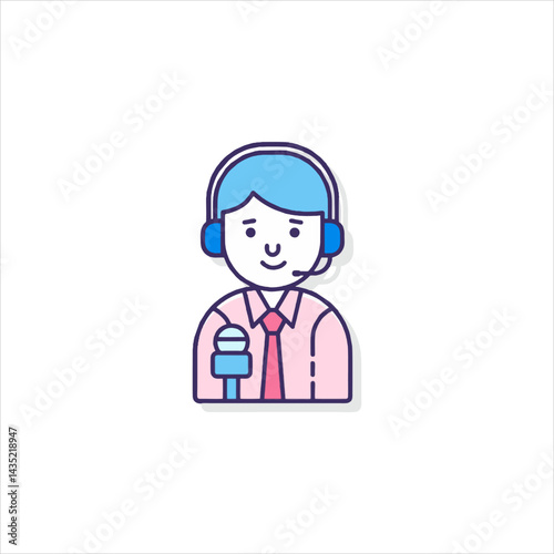 Cartoon news reporter with headset holding microphone during live broadcast in studio setting, conveying professionalism and communication.