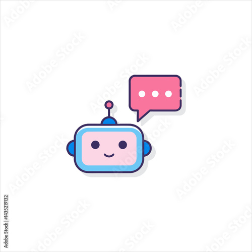 Cute robot chatting with a speech bubble on a white surface, representing artificial intelligence and communication in a friendly manner.
