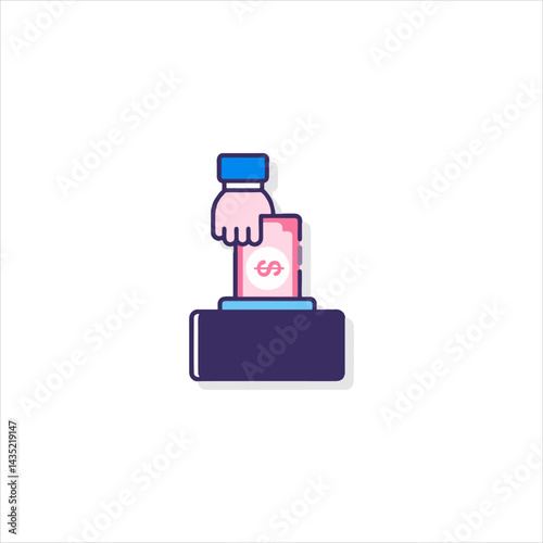 Hand inserting pink dollar bill into dark blue atm machine, representing financial transaction and easy access to money, modern and simple.