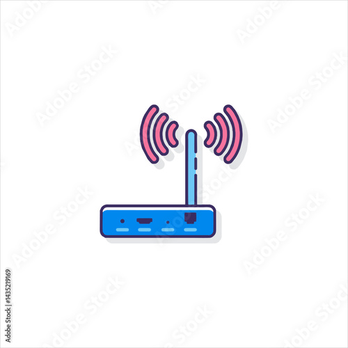 Blue wireless router emitting pink signals on white surface representing modern connectivity and technological advancement, symbolizing convenience and accessibility.