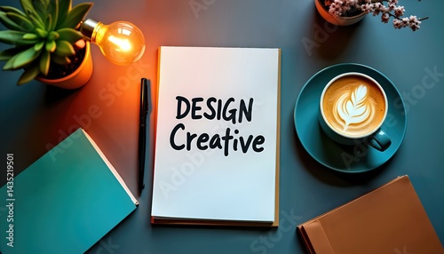 Notebook labeled design creative by coffee