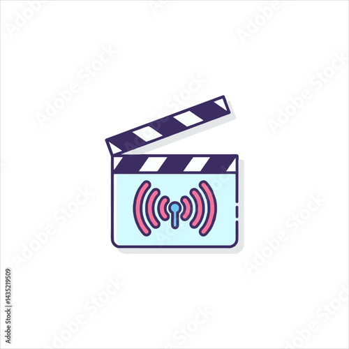 Clapperboard displays wifi symbol representing digital media production in a modern, minimalist style, conveying connectivity and technology.