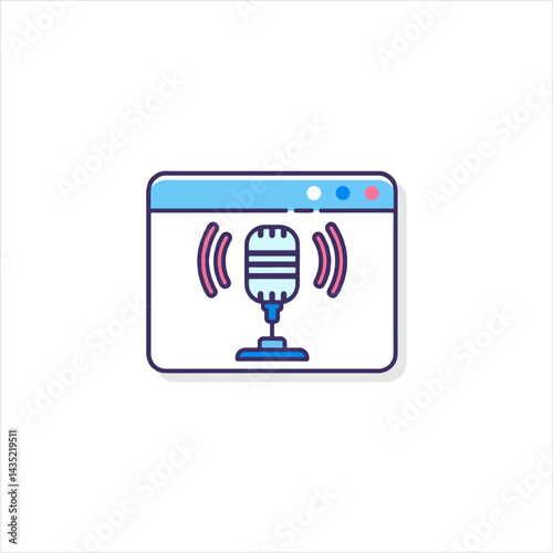 Microphone broadcasting sound waves from a browser window, symbolizing online podcasting and audio streaming in a modern, digital style.