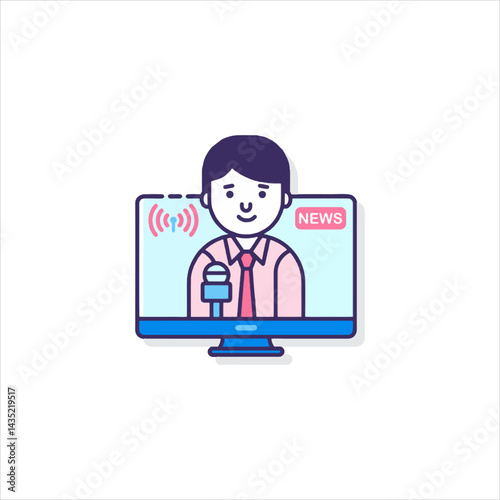 News anchor reporting live from a computer screen with microphone and news ticker, conveying information with a professional and modern feel.