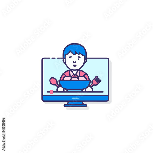 Chef presents a bowl of food on a computer screen during an online cooking class, showcasing culinary skills and modern learning methods.