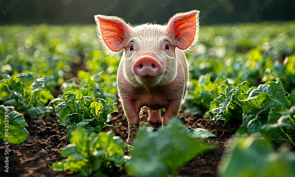 A curious piglet exploring a lush green field of leafy vegetables under soft sunlight A curious piglet exploring a lush green field of leafy vegetables under soft sunlight