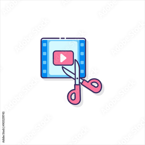 Scissors cutting film reel representing video editing process on white backdrop symbolizing creativity and precision in media production.
