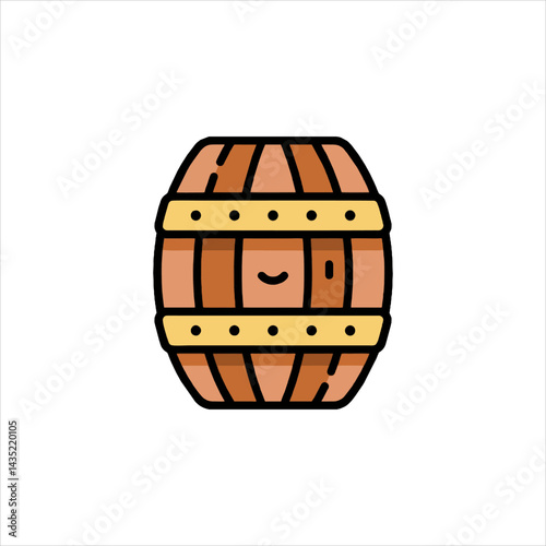 Cartoon barrel character smiles warmly, standing in a simple, cheerful scene, conveying a sense of rustic charm and playful simplicity.